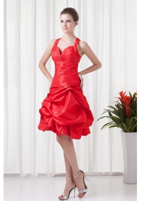 Cheap A-line Straps Knee-length Pick-ups Criss Cross Red Prom Dress