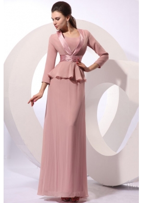 Column Square Long Ruching Pink Chiffon Floor-length Prom Dress