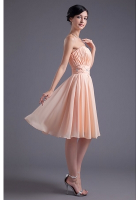 Elegant Empire Strapless V-neck Knee-length Chiffon Champagne Prom Dress with Beading