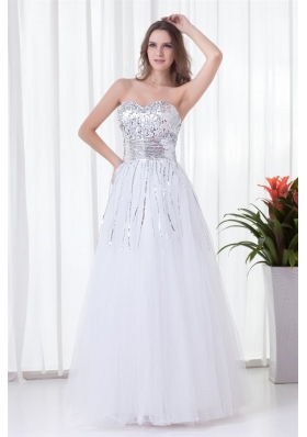Elegant White A-line Sweetheart Tulle Foor-length Paillette  Prom Dress