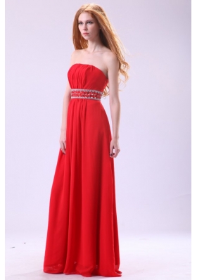 Empire Strapless Red Long Beading Chiffon Floor-length Prom Dress