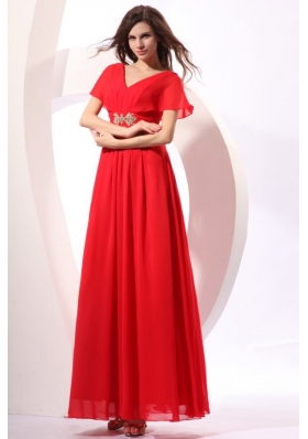 Empire V-neck Floor-length Chiffon Beading Short Sleeves Red Prom Dress