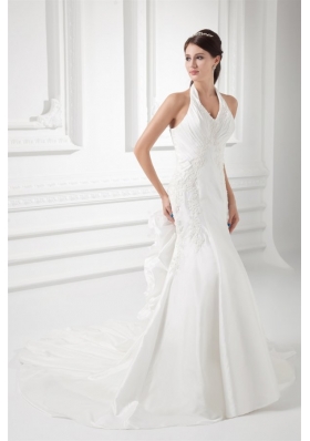 Mermaid Halter Top Appliques Ruching Satin Wedding Dress