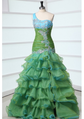 Mermaid One Shoulder Appliques Organza Multi-color Prom Dress