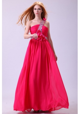 Modest Hot Pink Empire One Shoulder Floor-length Chiffon Prom Dress