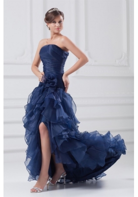 Navy Blue Strapless A-line Ruffles High-low Organza Prom Dress