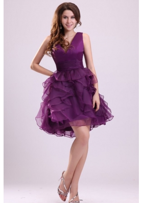 Pretty Purple V-neck Prom Dress with Ruffled Layers Mini-length