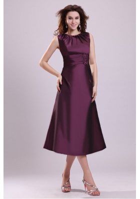 Purple A-line Scoop Tea-length Prom Dress with Beading