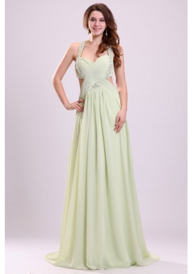 Sexy Empire Halter Chiffon Brush Train Criss Cross Beading Prom Dress in Yellow Green