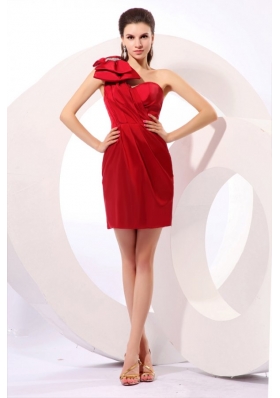 Simple Column One Shoulder Mini-length Bowknot Taffeta Red Prom Dress