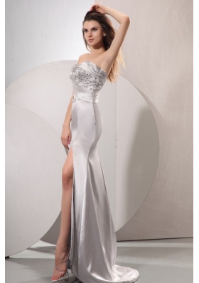 Sliver Sweetheart Beaded Prom Dress with High Slit Brush Train