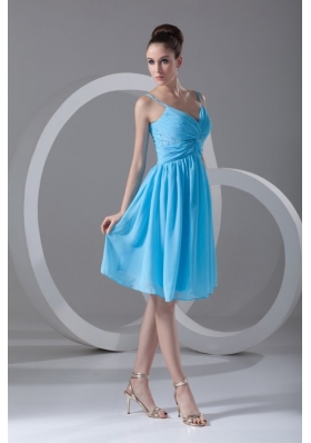 Taffeta A-line Straps Aqua Blue Beading Knee-length Prom Dress