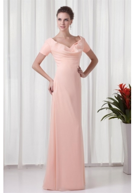 Watermelon Column V-neck Short Sleeves Ruching Chiffon Prom Dress