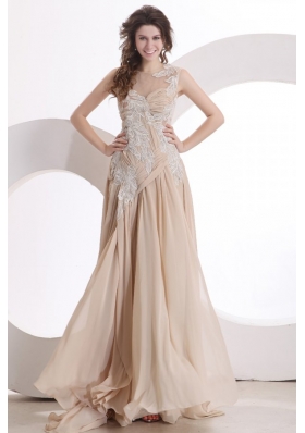 A-line Champagne Scoop Appliques Ruching Wedding Dress