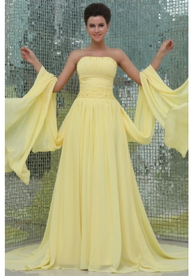 A-line Strapless Beading and Ruching Chiffon Light Yellow Prom Dress
