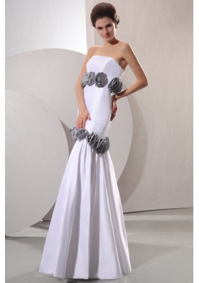 Column Strapless Floor-length Wedding Dress with Gray Hand Made Flowers