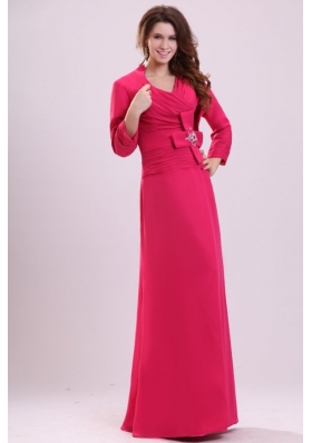 Column V-neck Ruching Hot Pink Prom Dress with Chiffon