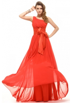 Empire Orange Red One Shoulder Bow Ruching Chiffon Prom Dress