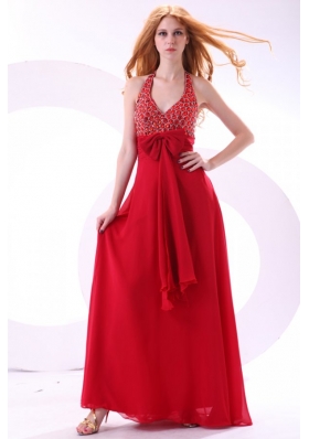 Empire Wine Red Halter Top Beading Bow Chiffon Prom Dress