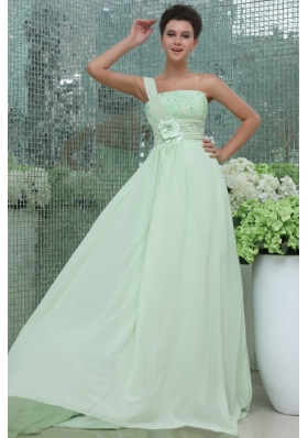 Light Blue Empire One Shoulder Appliques and Ruching Prom Dress