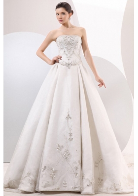 Strapless A-line Embroidery and Beading Wedding Dress with Chapel Train