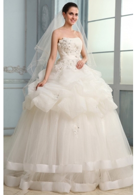 Strapless Ball Gown Appliques and Pick-ups Long Wedding Dress