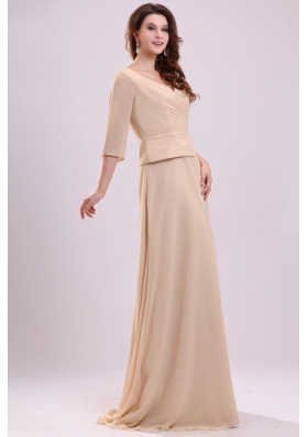 Champagne Column V-neck Ruching Chiffon Prom Dress with Half Sleeves