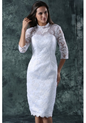 Column High Neck Lace Beach Wedding Dress with Knee-length