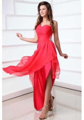 Coral Red Column Chiffon One Shoulder High-low Beading Chiffon Prom Dress