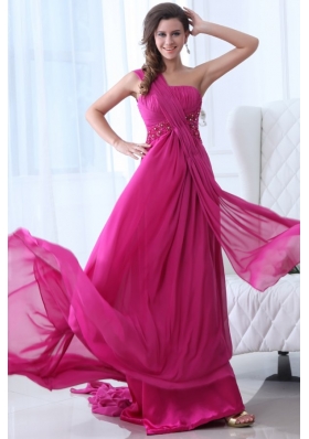 Empire Fuchsia Beading Ruching One Shoulder Prom Dress