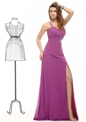 Fuchsia Column Beading One Shoulder Chiffon Prom Dress with Criss Cross