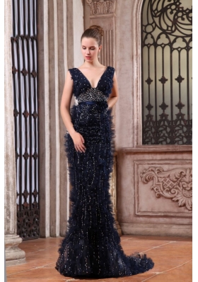 Luxurious Mermaid V-neck Navy Blue Beading Brush Train Prom Dress