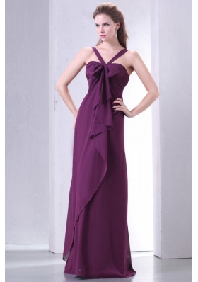 Purple Empire V-neck Straps Prom Dress with Bowknot
