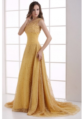 A-line Lace One Shoulder Ruching Court Train Gold Prom Dress