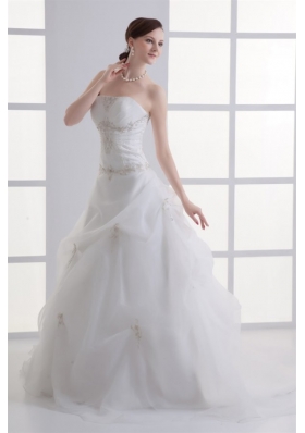 A-line Strapless Appliques Pick-ups Ruching Court Train Organza Wedding Dress