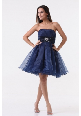 A-line Strapless Navy Blue Beading Ruching Organza Prom Dress