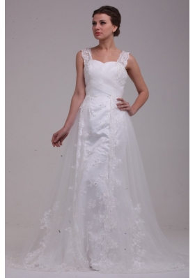 A-Line Straps Brush Train Appliques Tulle Wedding Dress