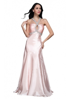 A-line V-neck Beading Side Zipper Long Prom Dress in Baby Pink