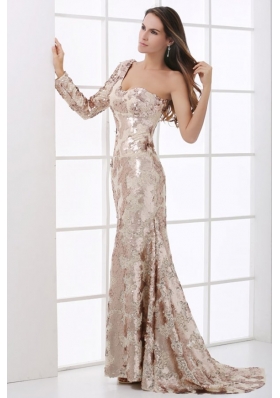 Champagne One Shoulder Lace Long Sleeve Prom Dress with Sequins