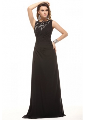 Column Black Bateau Lace Beading and Ruching Prom Dress