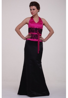 Column Hot Pink and Black Lace Satin Halter Top Prom Dress