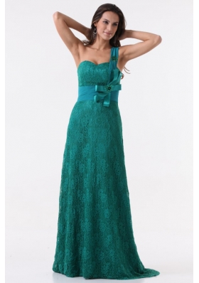 Column One Shoulder Lace Bow Floor-length Turquoise Prom Dress