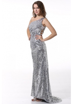 Column One Shoulder Sliver Brush Train Seuqin Prom Dress