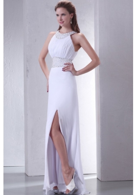 Column Scoop Criss Cross Chiffon Wedding Dress with Beading
