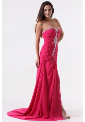 Column Sweetheart Beading and Ruching Hot Pink Long Prom Dress