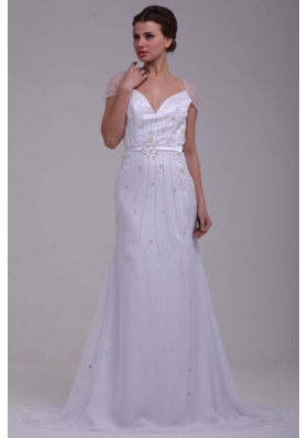 Column V-Neck Beading Brush Train Chiffon Wedding Dress