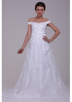Elegant Column Off The Shoulder Appliques Organza 2014 Wedding Dress