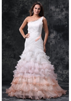 Elegant One Shoulder A-Line Ruffles Brush Train Organza Wedding Dress