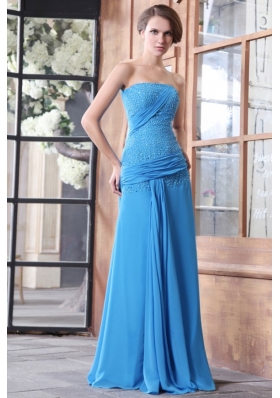 Empire Blue Strapless Beading and Ruchng Chiffon High Slit Long Prom Dress