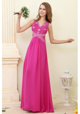 Empire Hot Pink V-neck Beading Chiffon Prom Dress